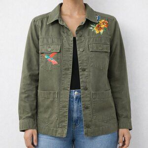 Embroidered Colorful Utility Boho Chic Olive Green Spring Cotton Jacket [size S]
